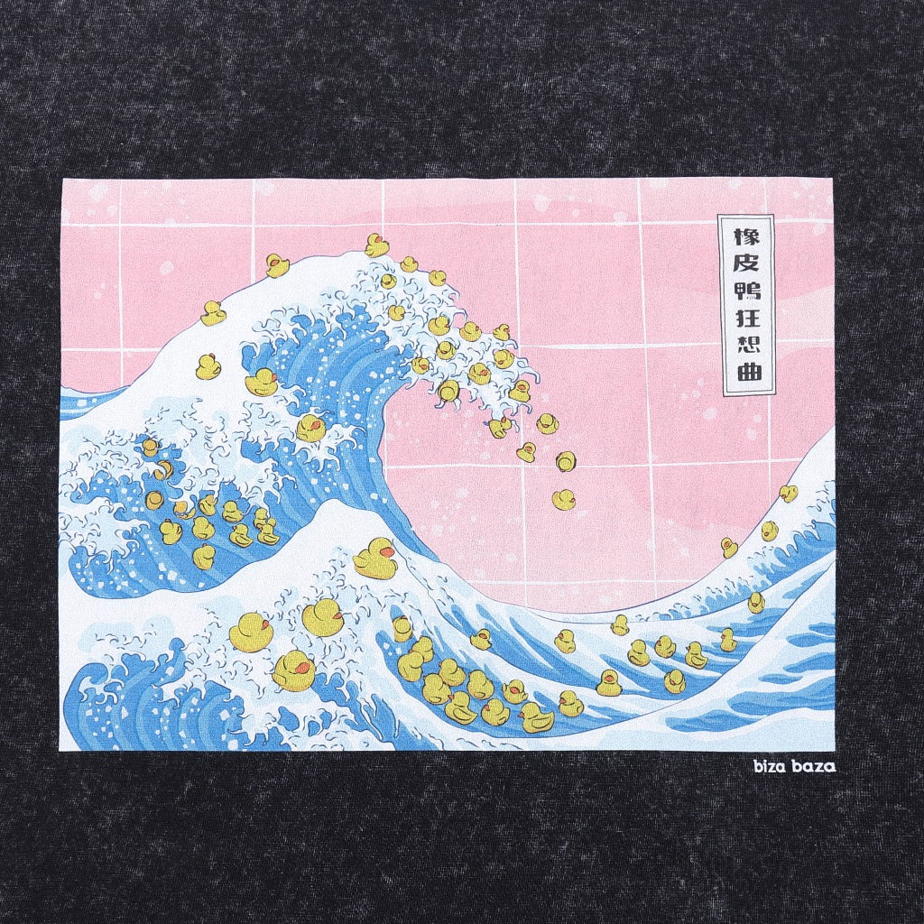 Rubber Duck Fantasia: The Great Wave off Kanagawa Washed T shirt - Black